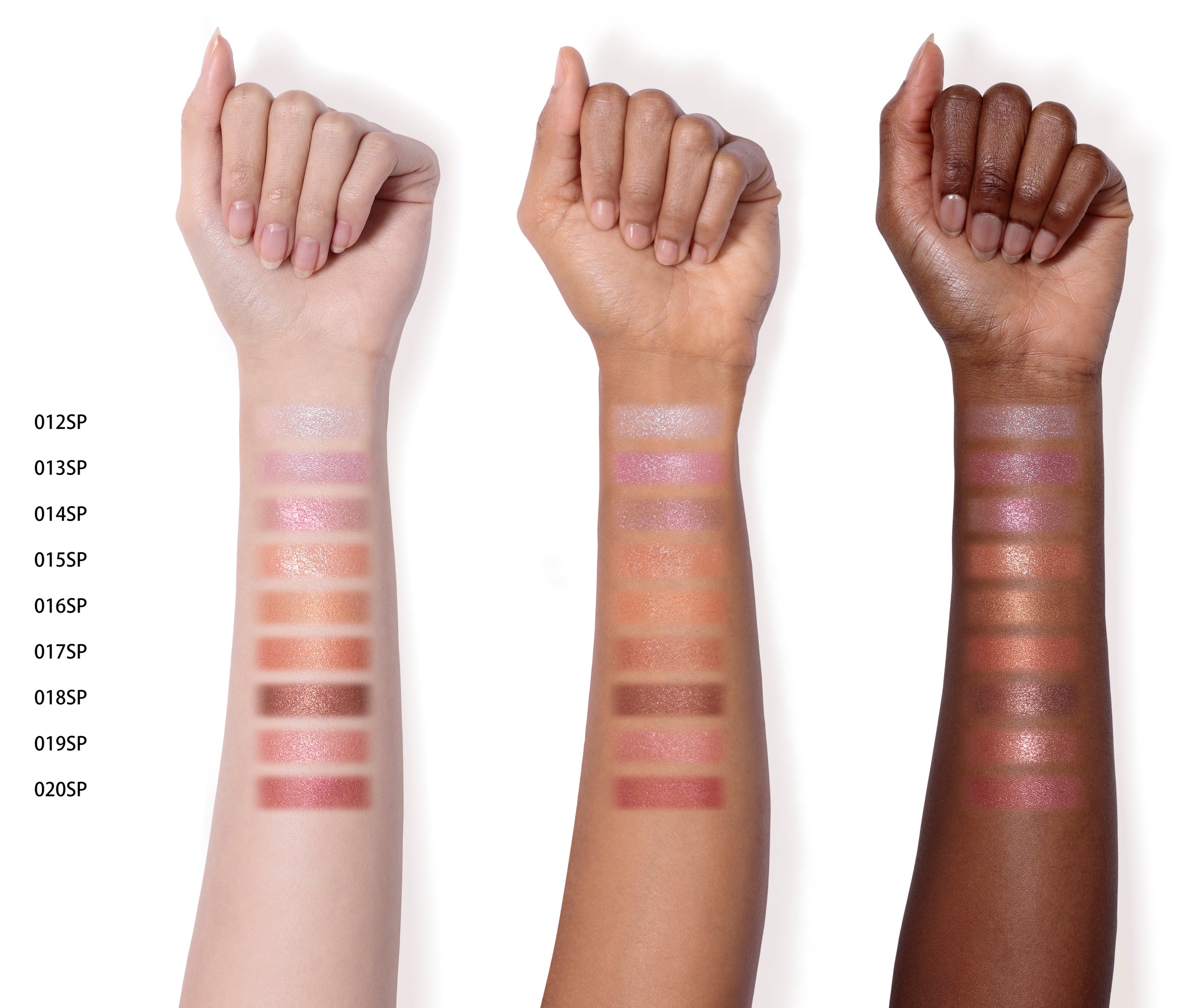 The Eyeshadow Sparkle in 012SP to 020SP swatched on light, medium, and dark skin-toned arms