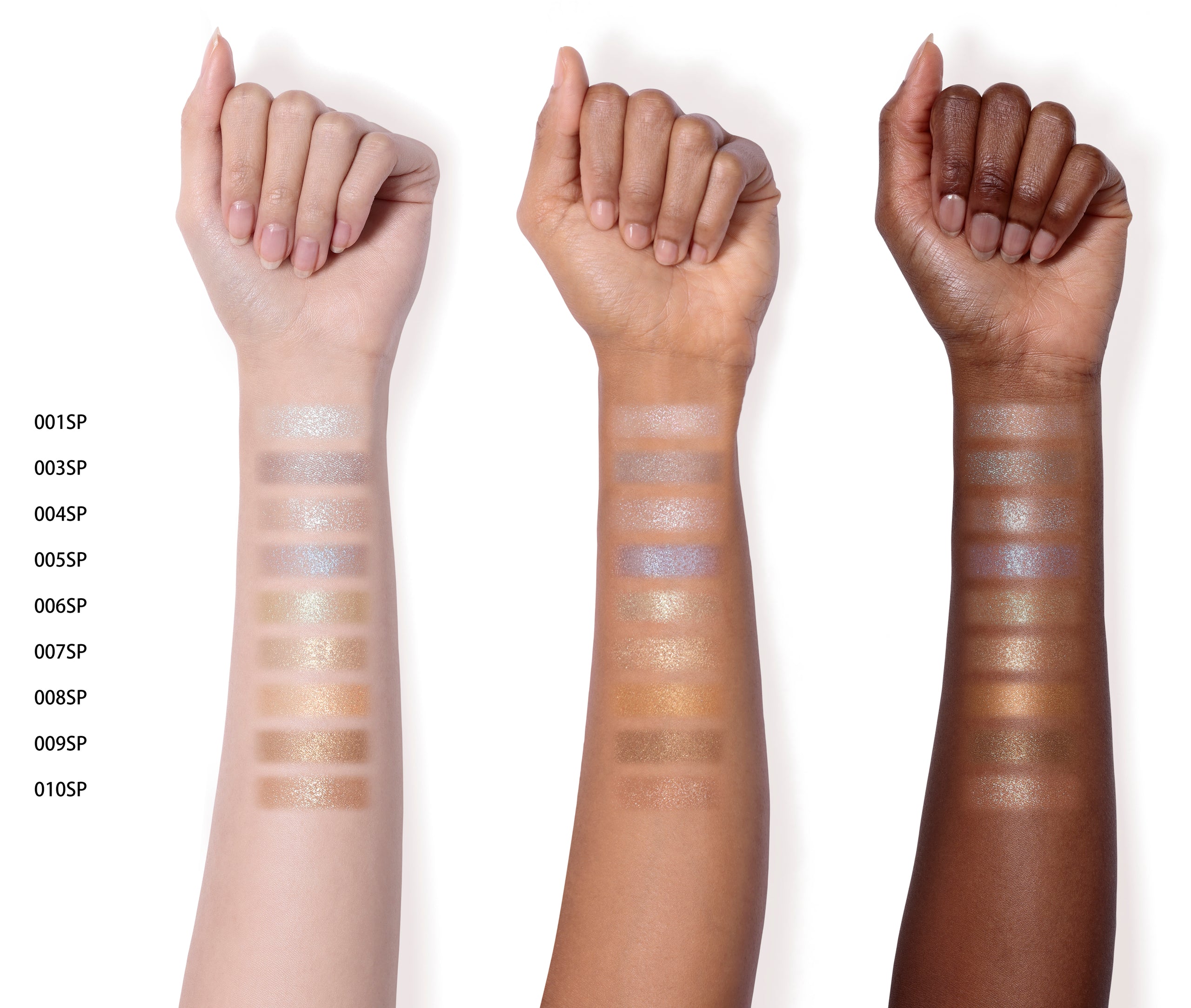 The Eyeshadow Sparkle in 001SP to 010SP swatched on light, medium, and dark skin-toned arms