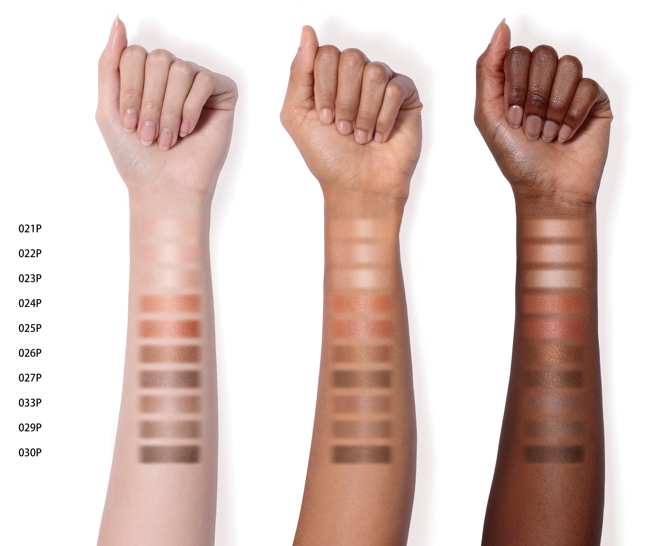 The Eyeshadow Pearl in 021P to 030P swatched on light, medium, and dark skin-toned arms