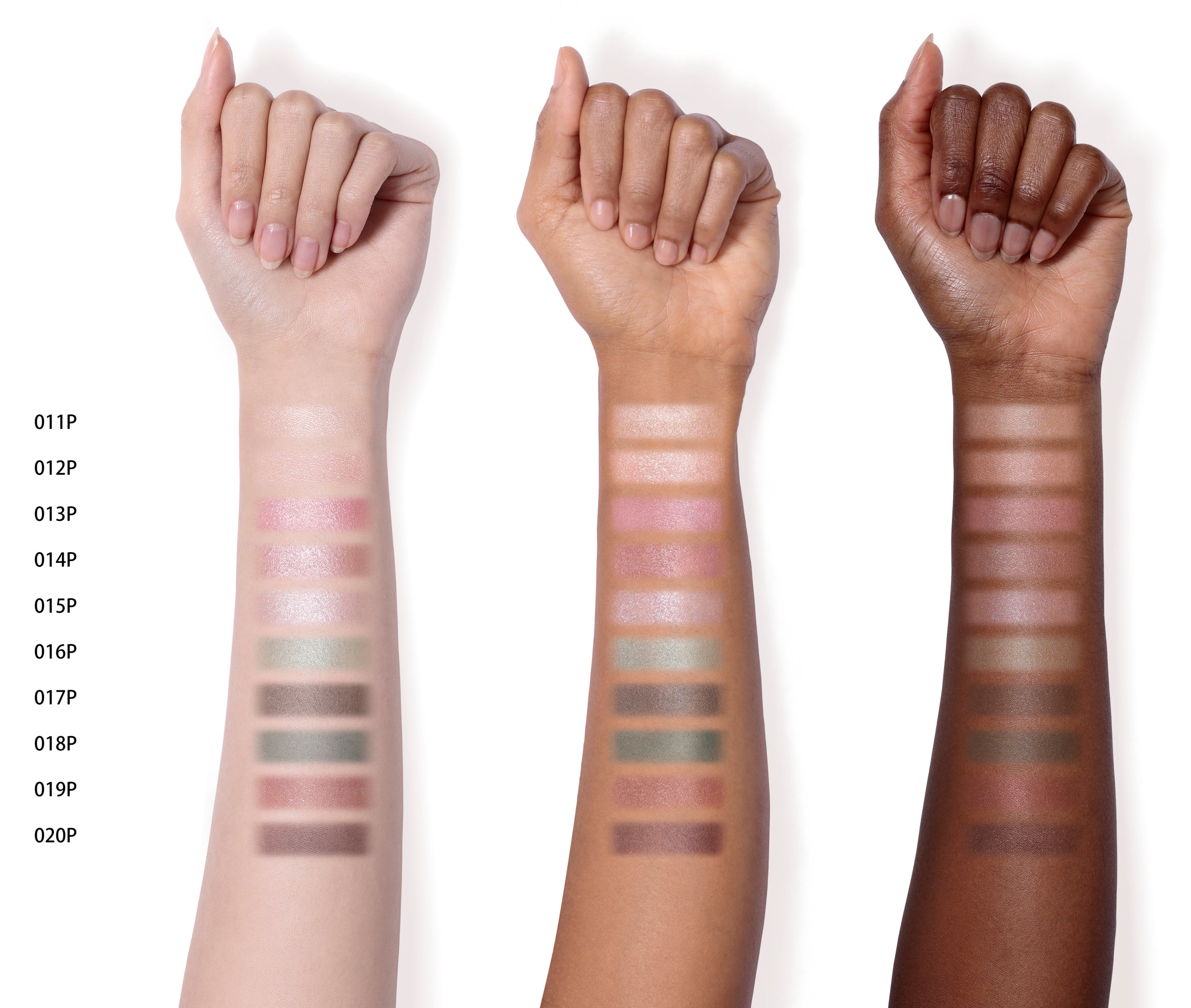 The Eyeshadow Pearl in 011P to 020P swatched on light, medium, and dark skin-toned arms