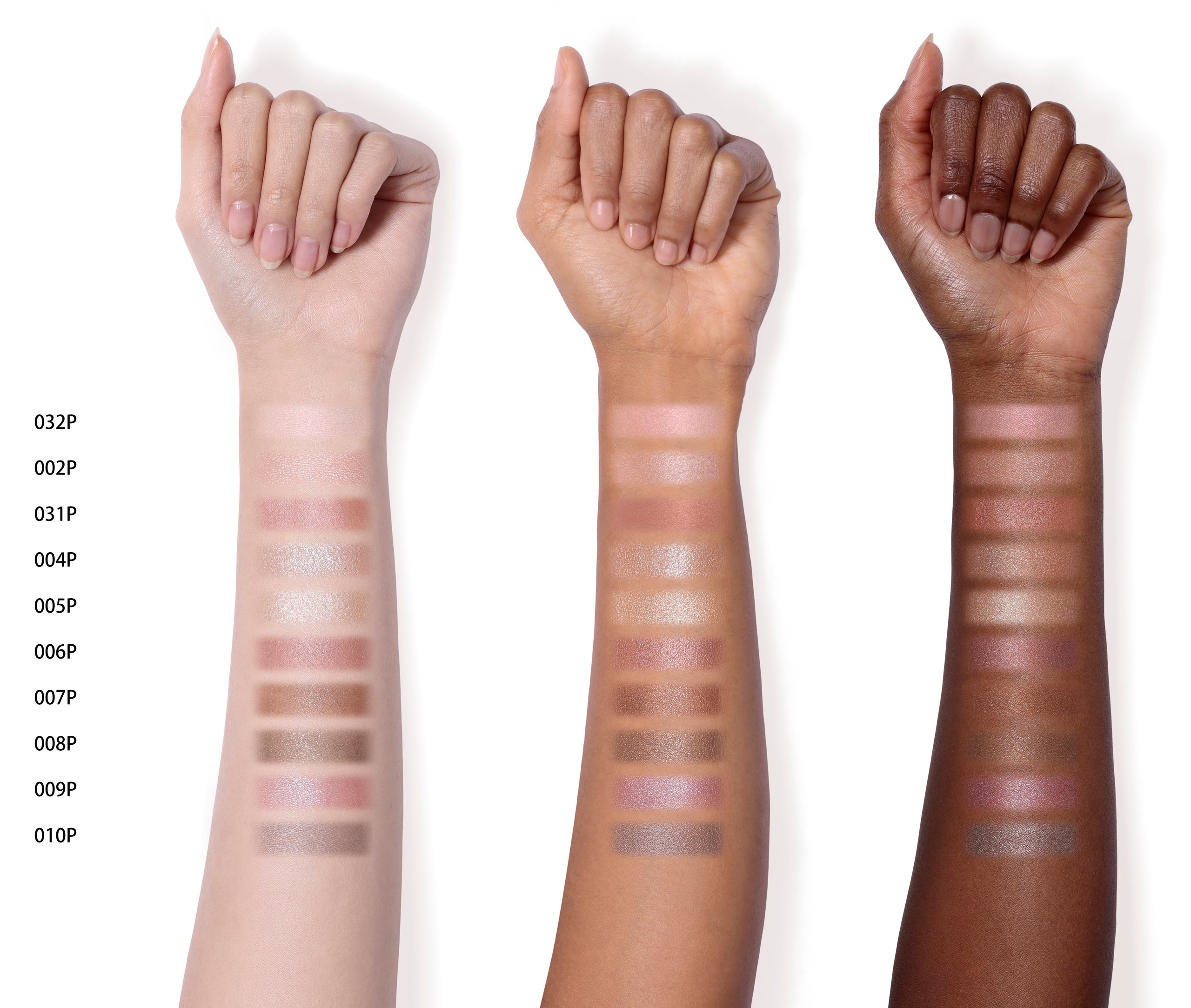 The Eyeshadow Pearl in 032P, 002P to 010P swatched on light, medium, and dark skin-toned arms