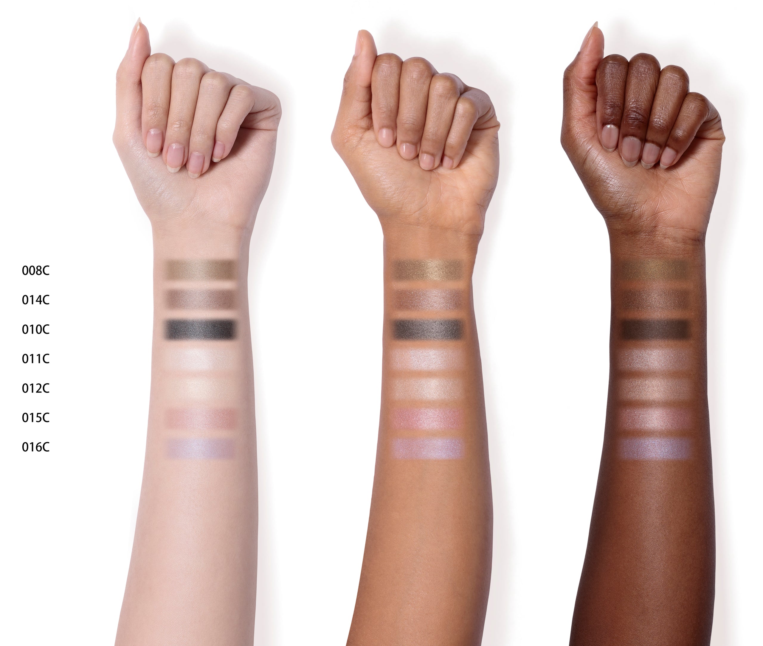 The Eyeshadow Cream in 008C to 016C swatched on light, medium, and dark skin-toned arms