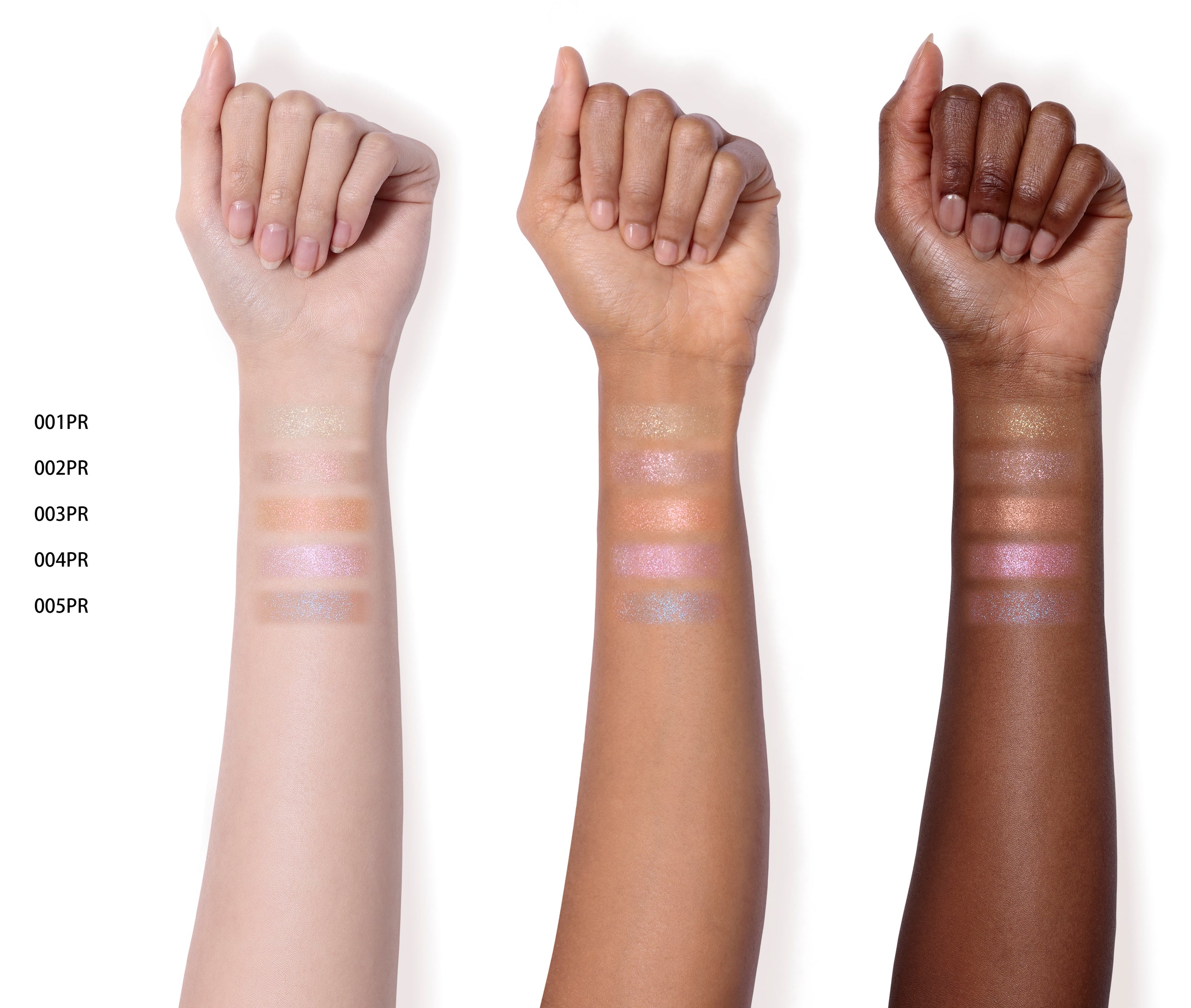 The Eyeshadow Prism from 001PR to 005PR swatched on light, medium, and dark skin-toned arms