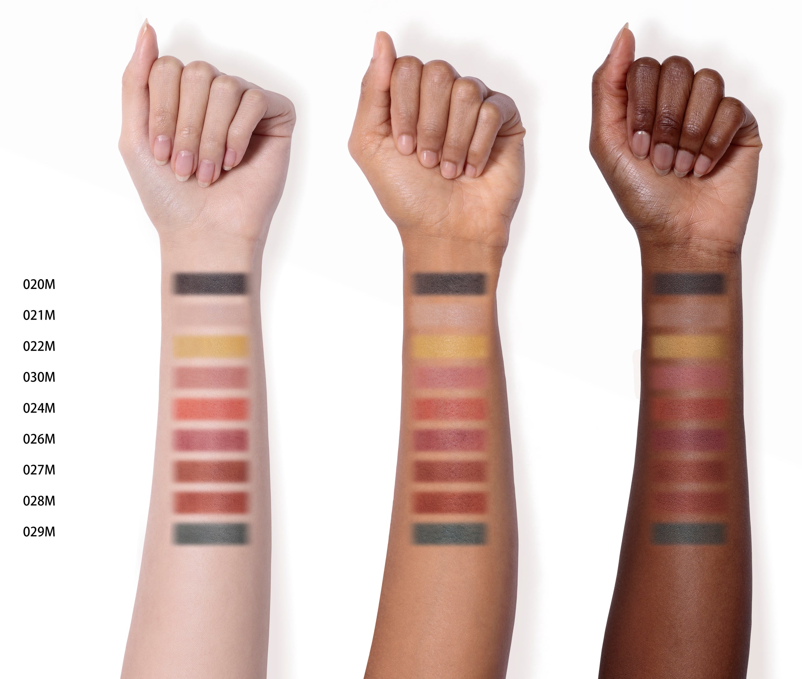 The Eyeshadow Matte in 020M to 029M swatched on light, medium, and dark skin-toned arms