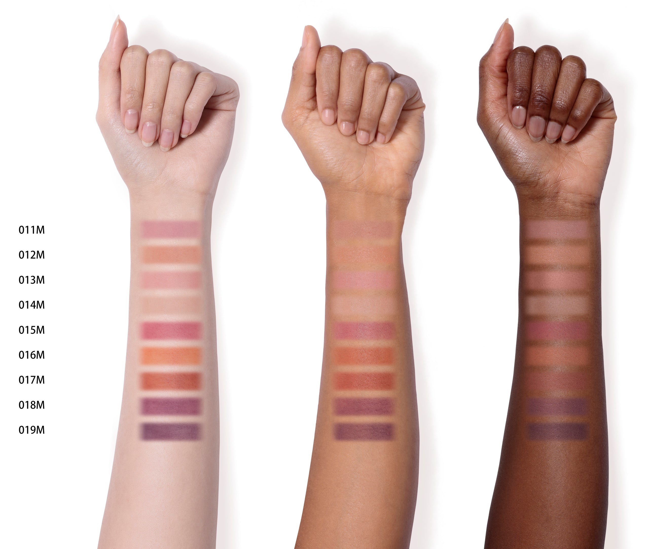 The Eyeshadow Matte in 011M to 019M swatched on light, medium, and dark skin toned-arms