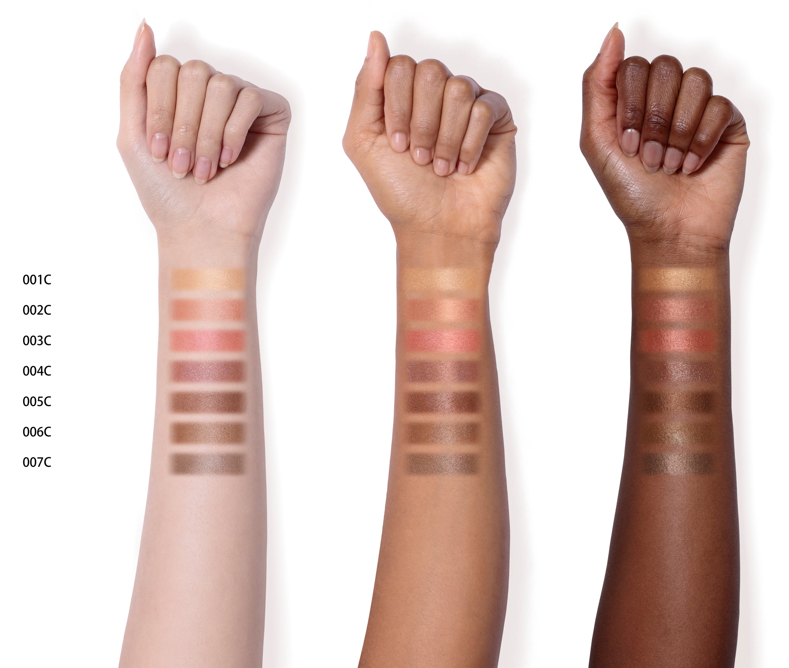 The Eyeshadow Cream in 001C to 007C swatched on light, medium, and dark skin-toned arms