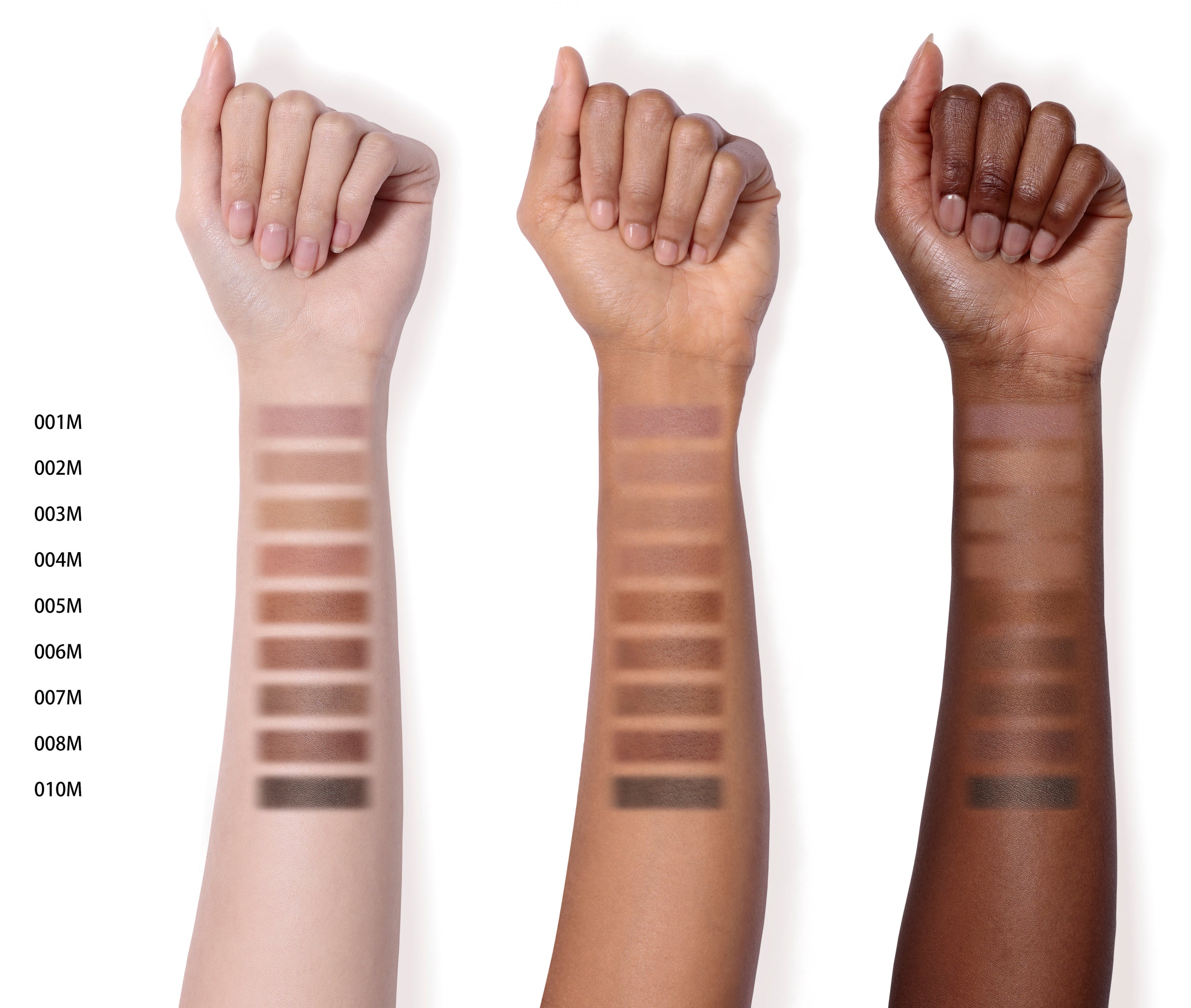 The Eyeshadow Matte in 001M to 010M swatched on light, medium, and dark skin toned-arms